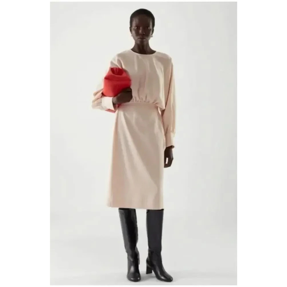 COS Gathered Midi Dress Blouson Sleeve Cream US 10 New